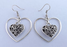 Load image into Gallery viewer, Filigree Heart, Silver Tone Drop Earrings
