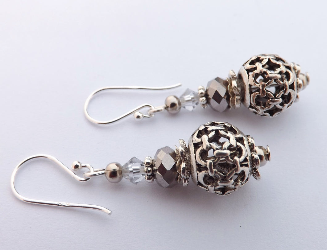 Filigree Silver Tone Bead Earrings