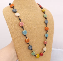 Load image into Gallery viewer, Flat Round Ceramic Pottery Beads on Black Cord Necklace
