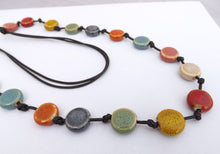 Load image into Gallery viewer, Flat Round Ceramic Pottery Beads on Black Cord Necklace
