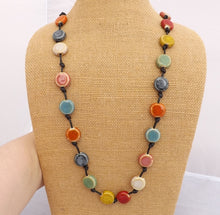 Load image into Gallery viewer, Flat Round Ceramic Pottery Beads on Black Cord Necklace
