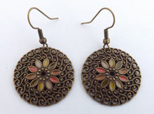 Load image into Gallery viewer, Floral Autumn Bronze Tone Round Earrings
