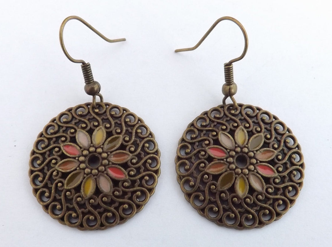 Floral Autumn Bronze Tone Round Earrings