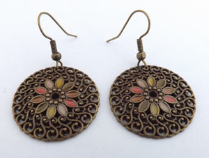 Floral Autumn Bronze Tone Round Earrings