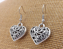 Load image into Gallery viewer, Floral Filigree Style Hollow Heart Silver Tone Earrings

