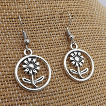 Load image into Gallery viewer, Flower in Circle Silver Tone Earrings
