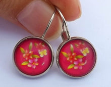 Load image into Gallery viewer, Flowers on Pink Handmade Dome Earrings on Lever back hooks
