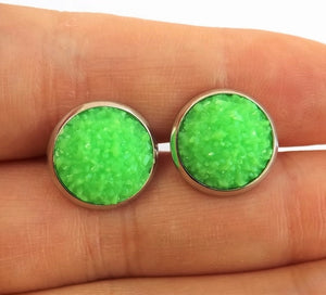 Fluorescent Green Glittery Stud Earrings