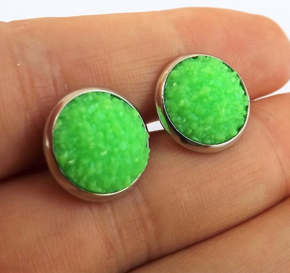 Fluorescent Green Glittery Stud Earrings