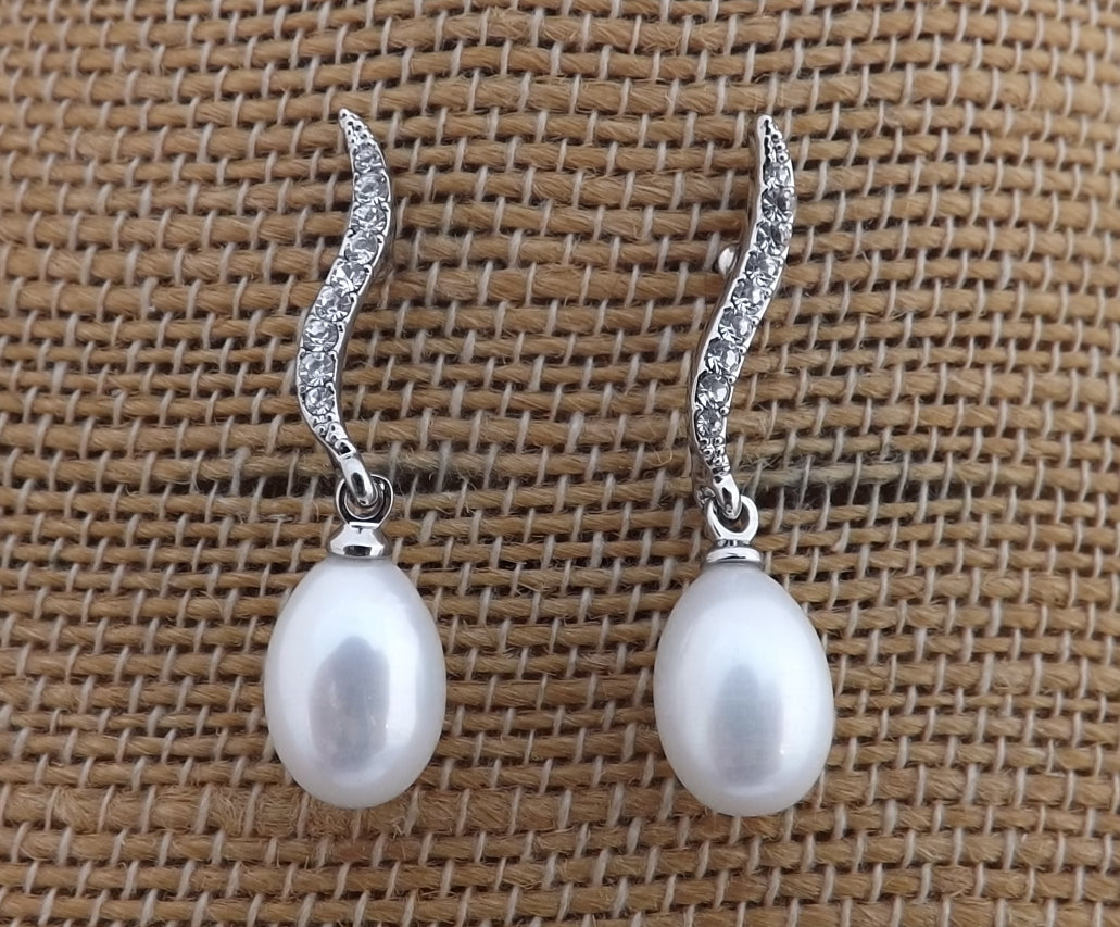 Freshwater Pearl & Diamantes Drop Stud Earrings