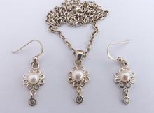 Load image into Gallery viewer, Freshwater Pearl, Faux Diamond &amp; Sterling Silver Drop Pendant Necklace &amp; Earrings Set
