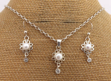 Load image into Gallery viewer, Freshwater Pearl, Faux Diamond &amp; Sterling Silver Drop Pendant Necklace &amp; Earrings Set
