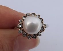 Load image into Gallery viewer, Freshwater Pearl, Faux Diamond and Sterling Silver Ring (size 8)

