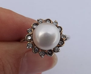 Freshwater Pearl, Faux Diamond and Sterling Silver Ring (size 8)