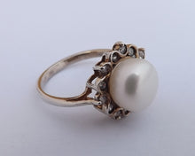 Load image into Gallery viewer, Freshwater Pearl, Faux Diamond and Sterling Silver Ring (size 8)
