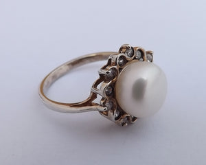 Freshwater Pearl, Faux Diamond and Sterling Silver Ring (size 8)