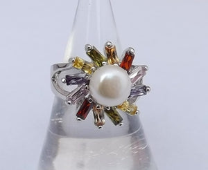 Freshwater Pearl and Coloured Bling Silver Tone Costume Ring (Size 7)