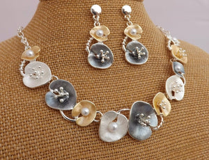 Frosted Grey, Gold & Silver Tone Necklace & Earrings Set