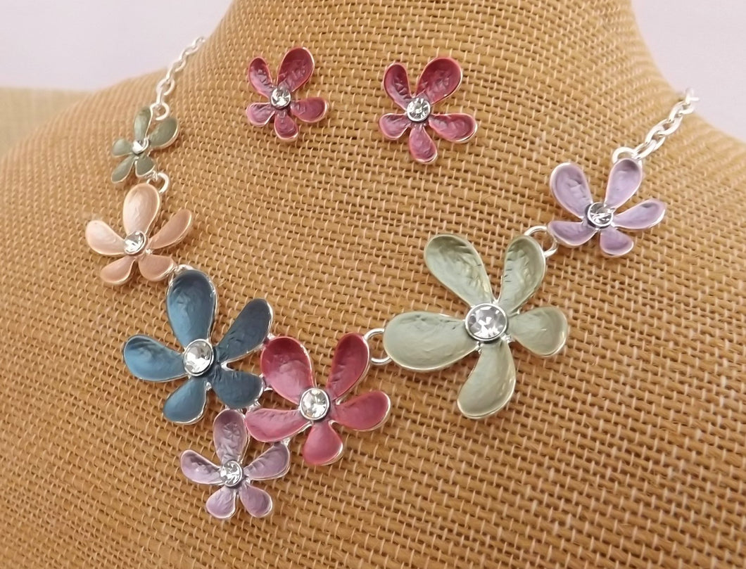 Frosted Multi Colour Flower Necklace & Earrings Set