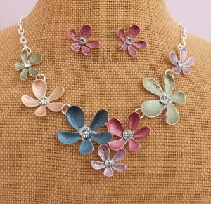 Frosted Multi Colour Flower Necklace & Earrings Set