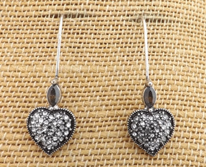 Black & Bronze Diamante Heart Earrings on Long Hooks, Copper Tone