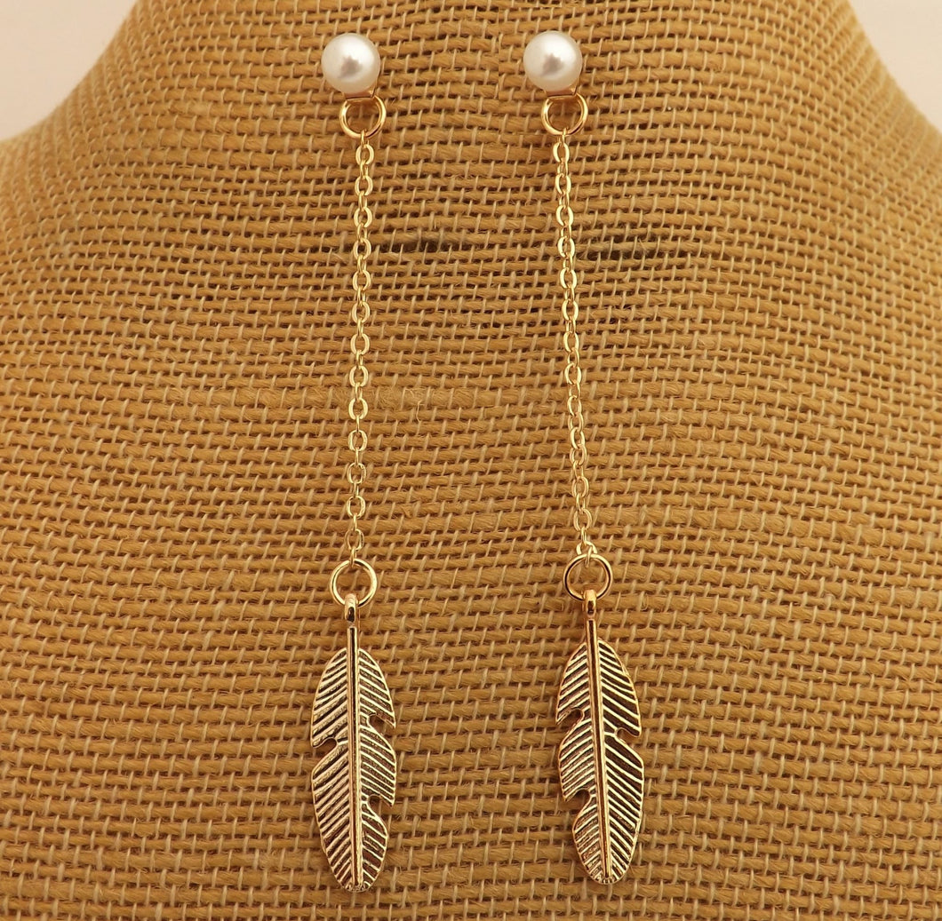 Pearl & Gold Tone Feather Drop Heart Earrings