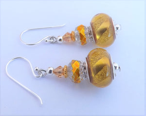 Gold Metallic Finish Stripe Acrylic Bead Earrings on Sterling Silver Hooks