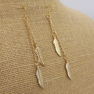 Gold Tone Feather Drop Earrings