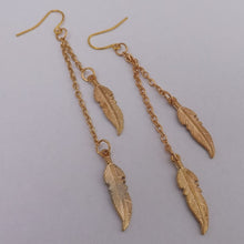 Load image into Gallery viewer, Gold Tone Feather Drop Earrings
