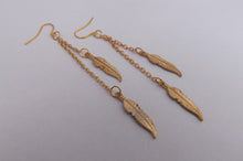 Load image into Gallery viewer, Gold Tone Feather Drop Earrings
