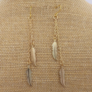 Gold Tone Feather Drop Earrings