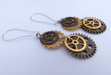 Load image into Gallery viewer, Gold &amp; Bronze Tone Steampunk Clockwork Cog Earrings on Long Kidney Hooks
