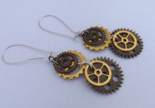 Load image into Gallery viewer, Gold &amp; Bronze Tone Steampunk Clockwork Cog Earrings on Long Kidney Hooks
