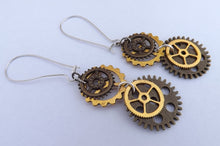 Load image into Gallery viewer, Gold &amp; Bronze Tone Steampunk Clockwork Cog Earrings on Long Kidney Hooks
