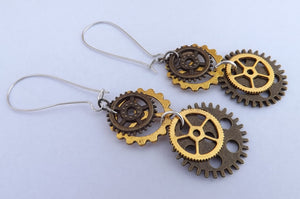 Gold & Bronze Tone Steampunk Clockwork Cog Earrings on Long Kidney Hooks