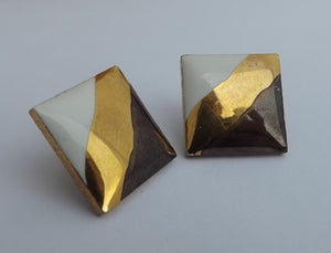 Gold, Brown & White Vintage Square Stud Earrings