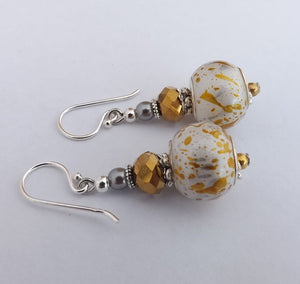 Gold, Silver & White Metallic Effect Acrylic Bead Earrings on Sterling Silver Hooks