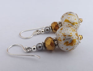Gold, Silver & White Metallic Effect Acrylic Bead Earrings on Sterling Silver Hooks
