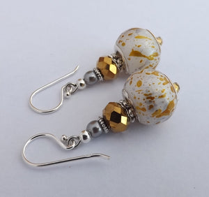 Gold, Silver & White Metallic Effect Acrylic Bead Earrings on Sterling Silver Hooks