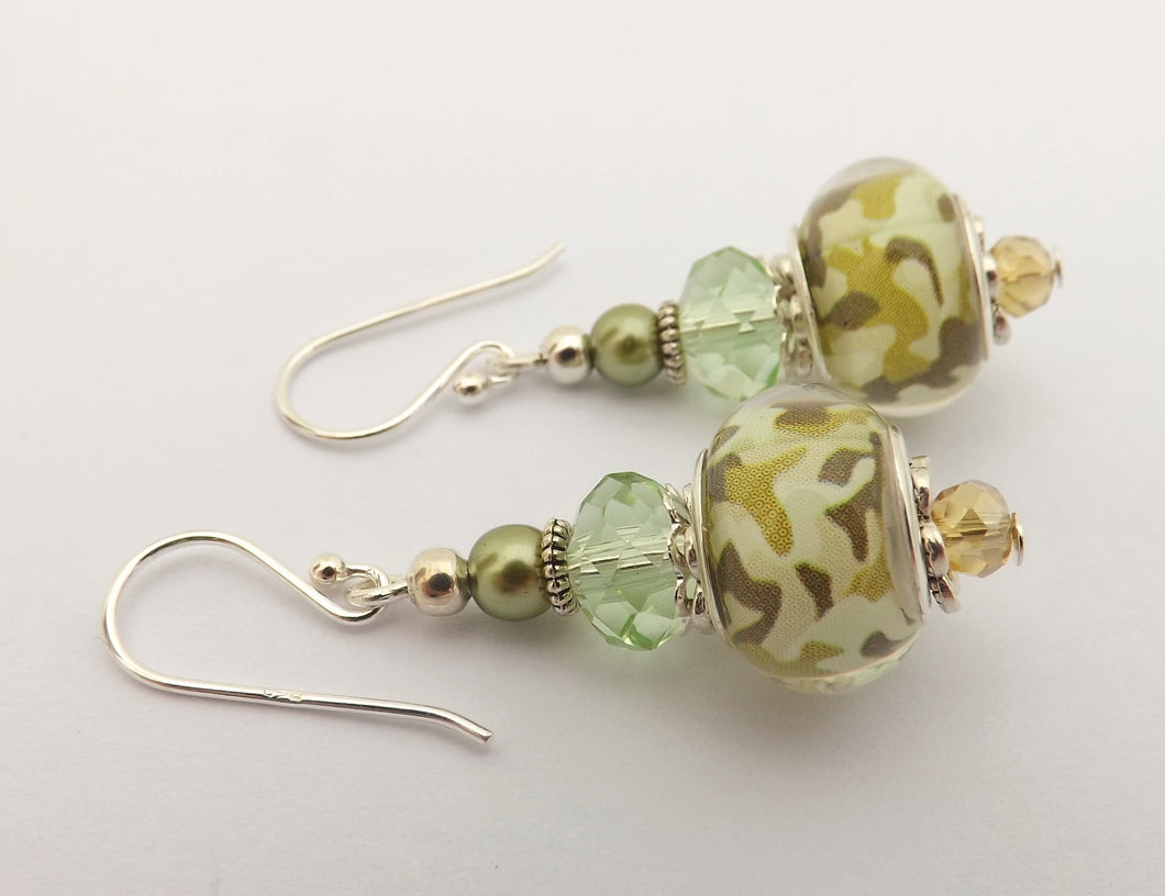 Green Camouflage Style Acrylic Bead Earrings on Sterling Silver Hooks