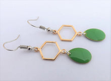 Load image into Gallery viewer, Green Drop Earrings with Gold Tone Hexagon
