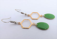 Load image into Gallery viewer, Green Drop Earrings with Gold Tone Hexagon
