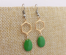 Load image into Gallery viewer, Green Drop Earrings with Gold Tone Hexagon
