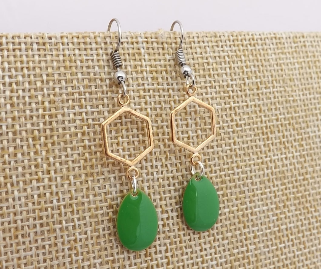 Green Drop Earrings with Gold Tone Hexagon