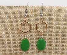 Load image into Gallery viewer, Green Drop Earrings with Gold Tone Hexagon
