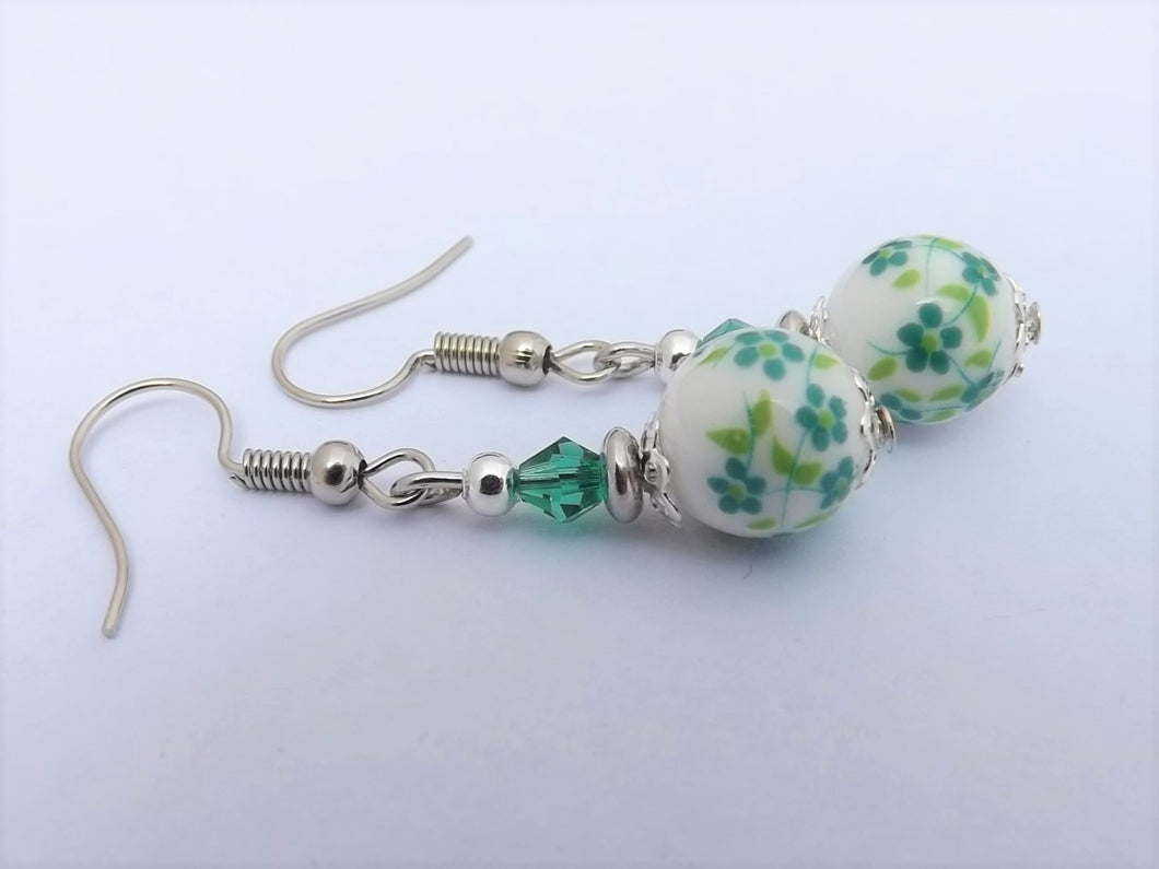 Green Flowers on White Bead Earrings