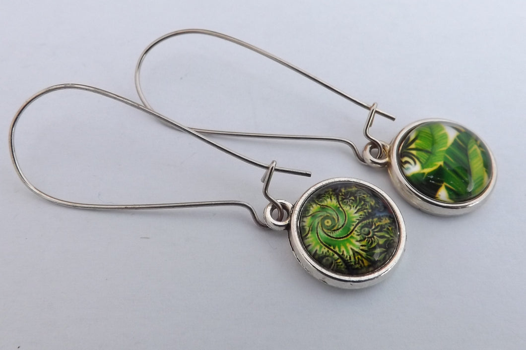 Green Leaves Double Sided Handmade Dome Earrings on Long Kidney Hooks