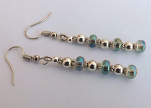 Green Lustre & Silver Tone Bead Earrings