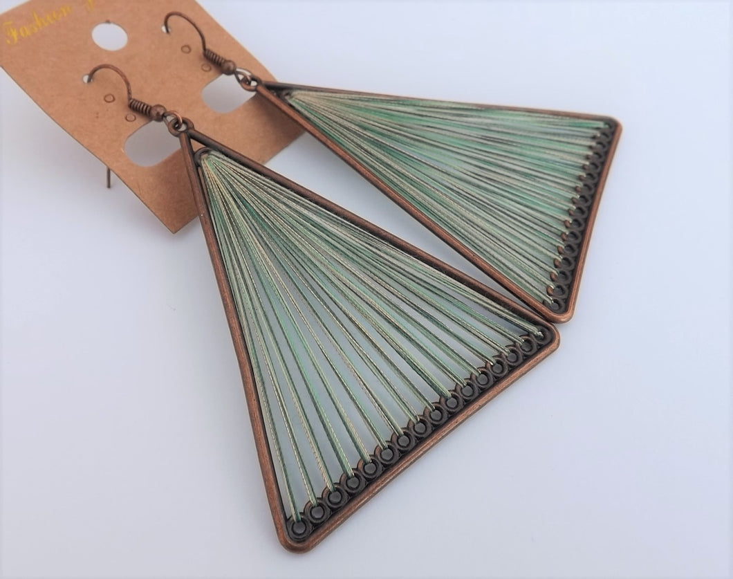 Green Stretched Cord in Copper Tone Triangle, Drop Earrings
