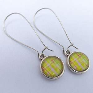 Green Stripes Dome Earrings on Long Silver Tone Kidney Hooks